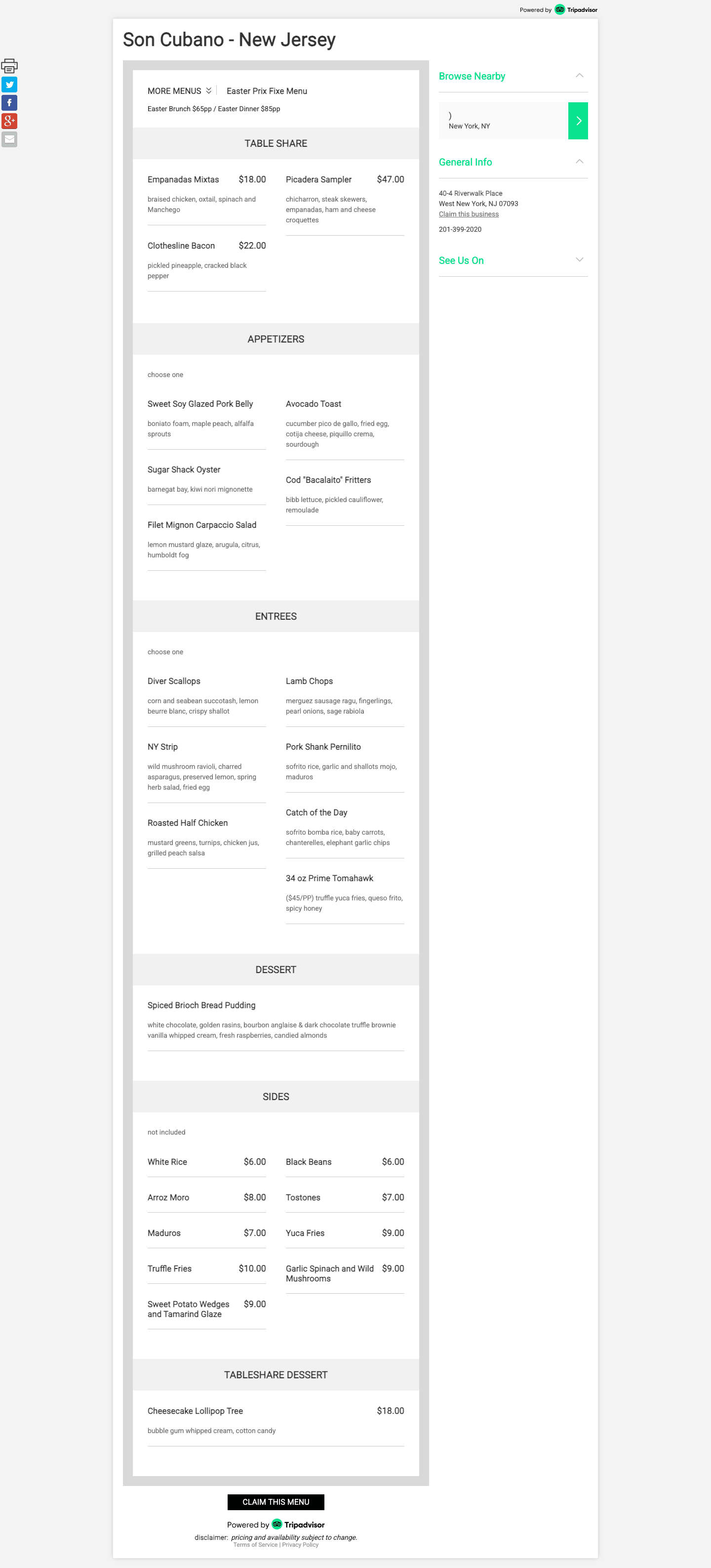 Top-aligned screenshot of the original Son Cubano SinglePlatform menu